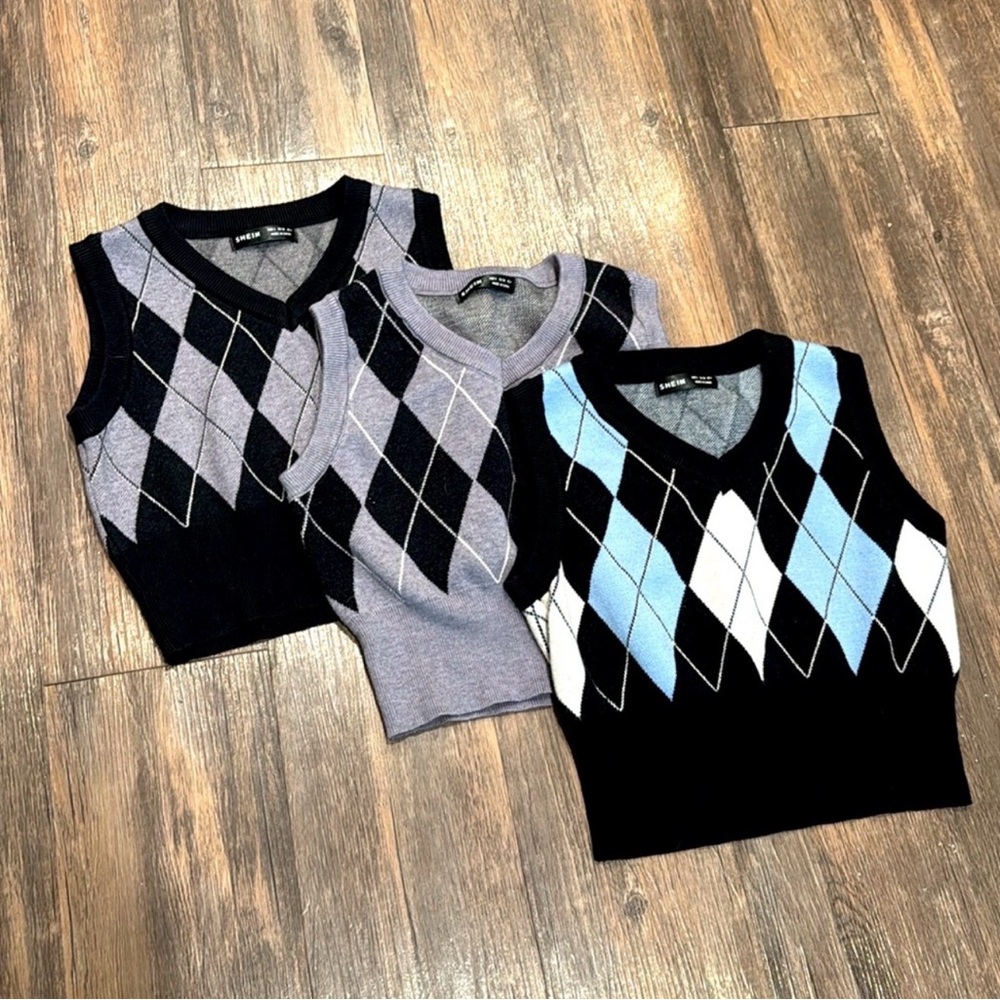 Bundle (3) Argyle Sweater Vest | Preppy Dark Academia Knit Cropped Tops | S